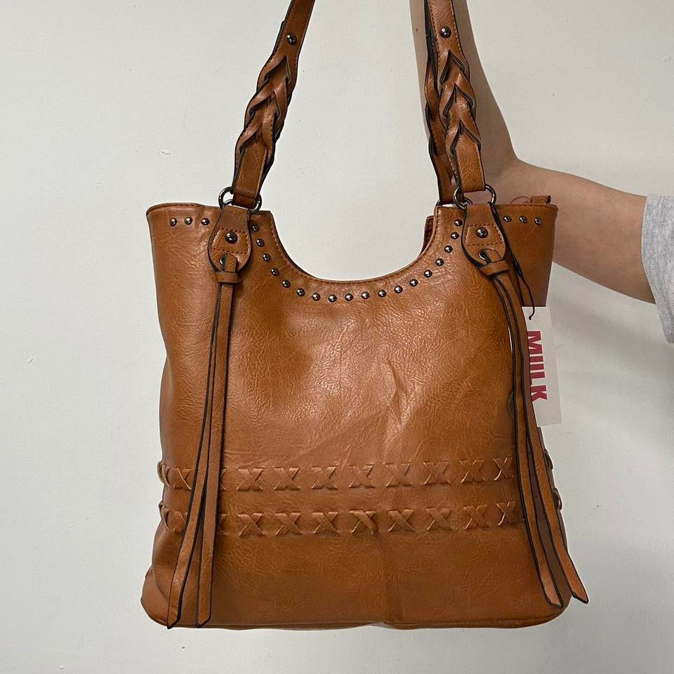 tanned studded faux leather shoulder bag