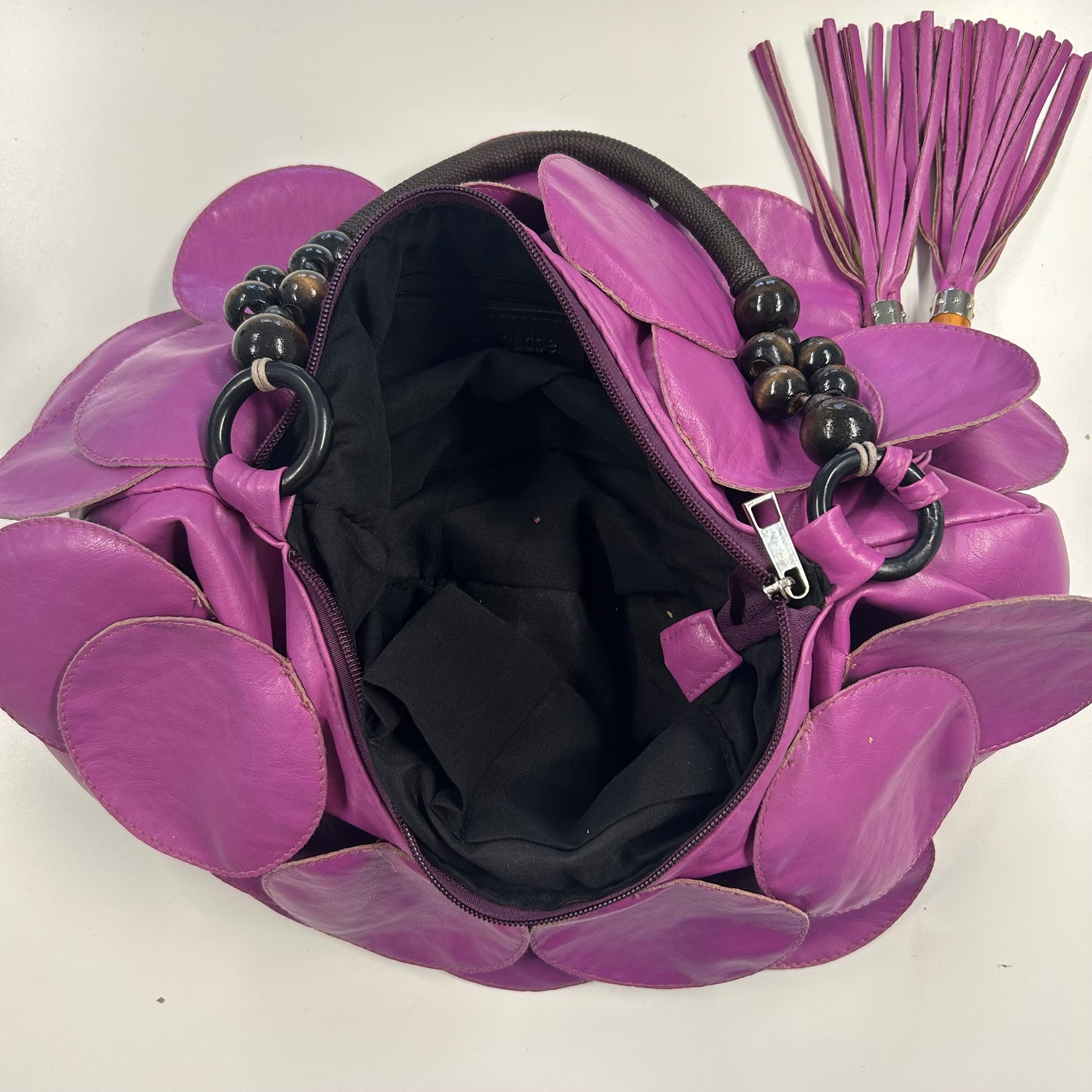 purple faux leather disc beaded shoulder bag
