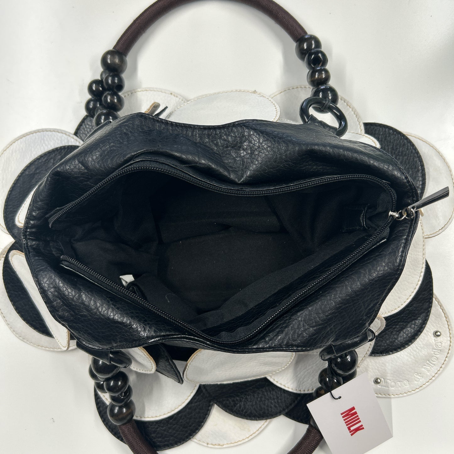 black and white faux leather disc beaded shoulder bag