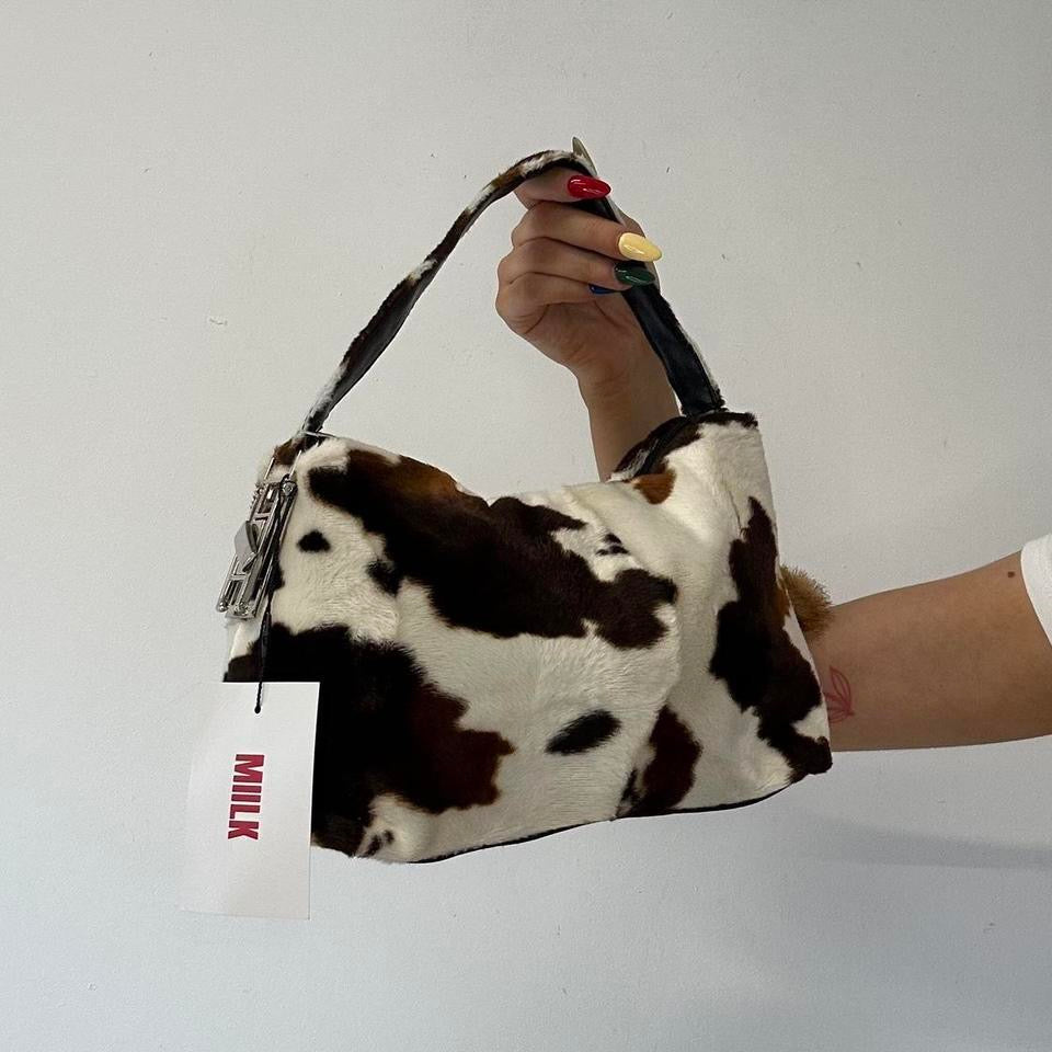 cow print faux fur mini shoulder bag