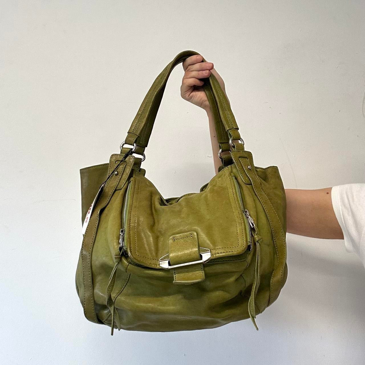 green genuine leather double zip shoulder bag