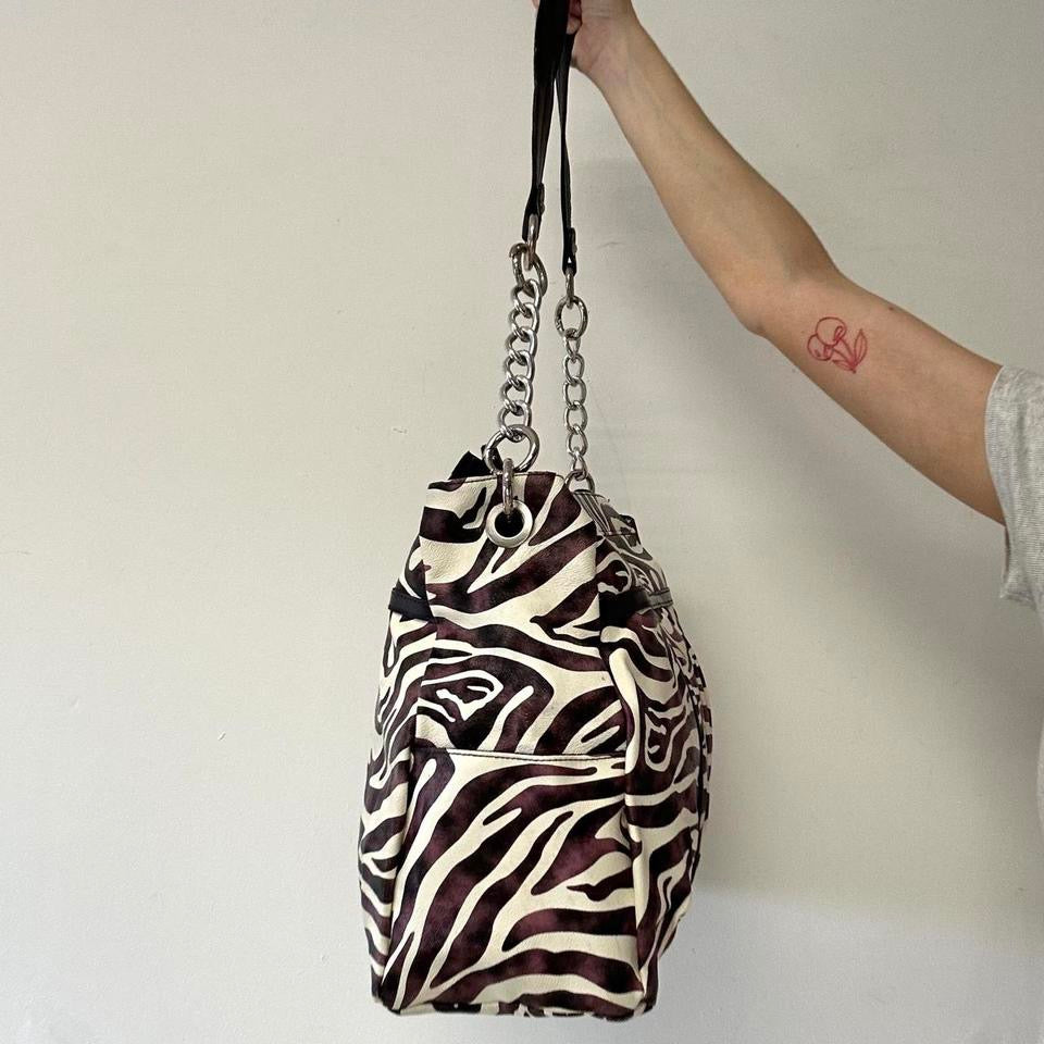 purple zebra print faux leather shoulder bag