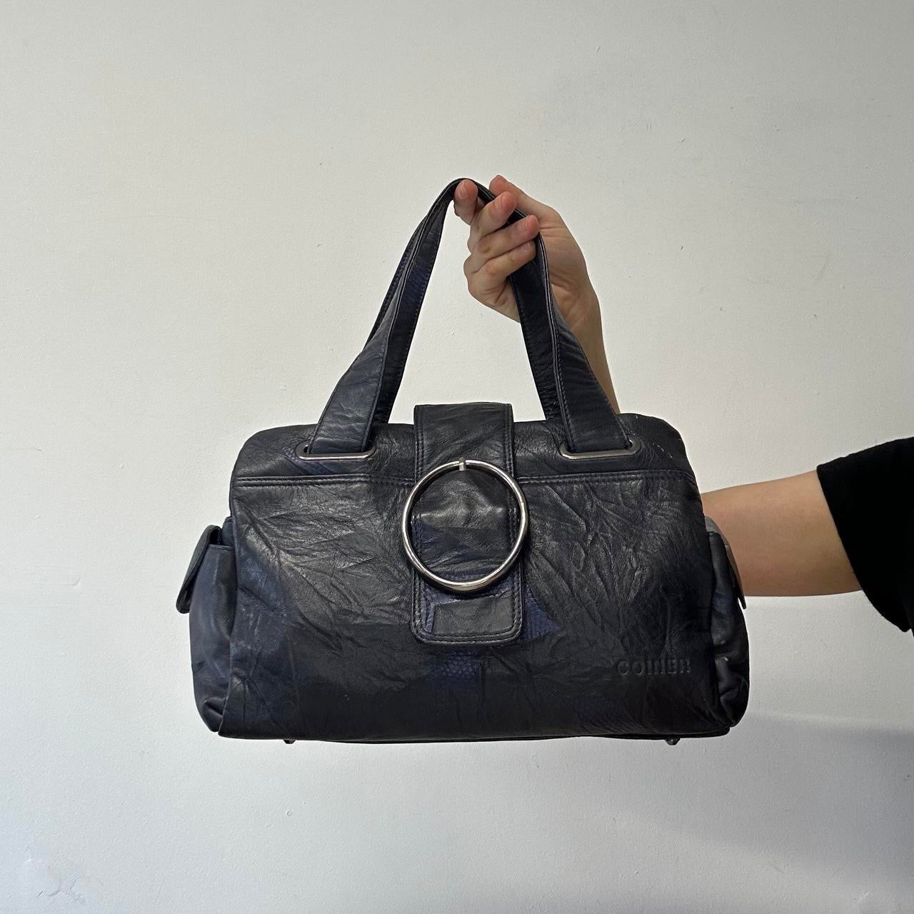 navy blue faux leather oversized buckle shoulder bag