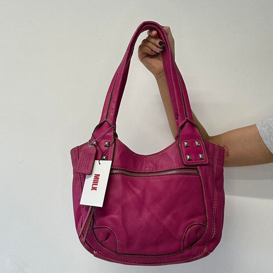 pink faux leather studded shoulder bag