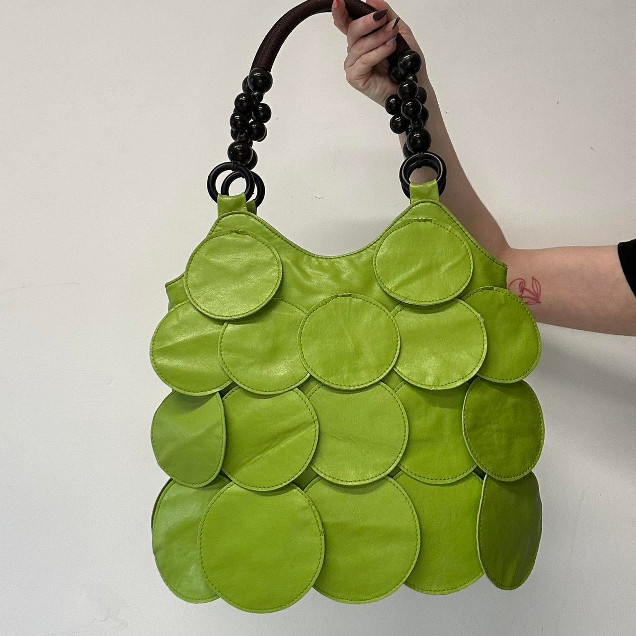 green faux leather disc layered shoulder bag