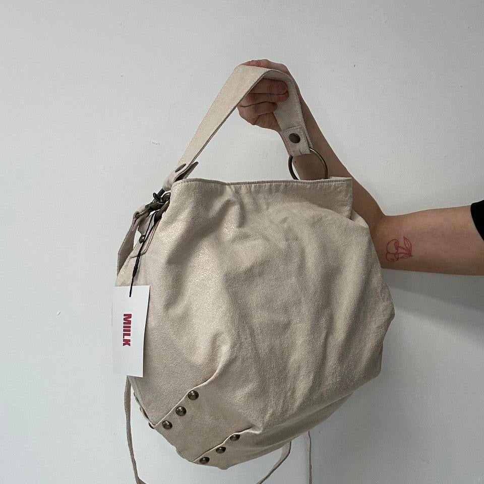 cream metallic faux leather shoulder bag