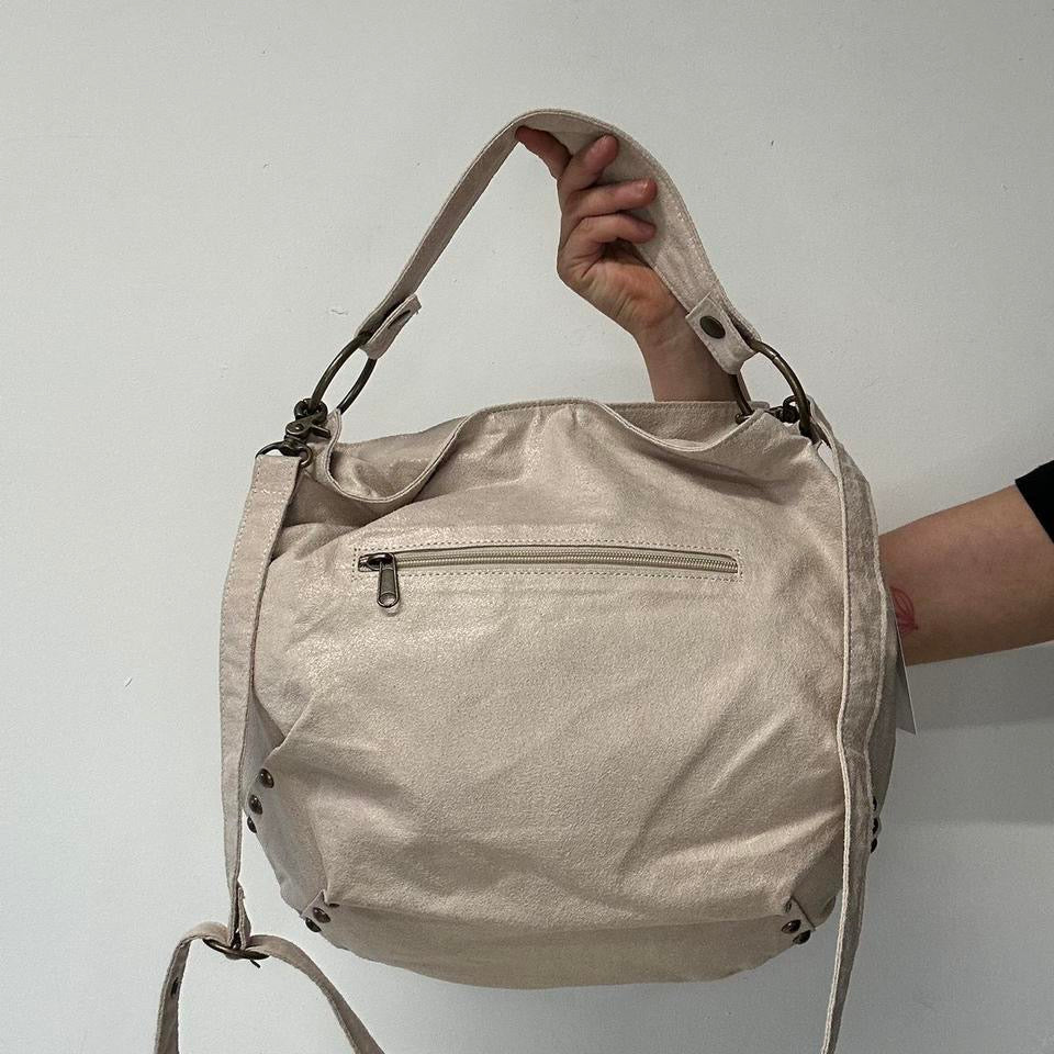 cream metallic faux leather shoulder bag