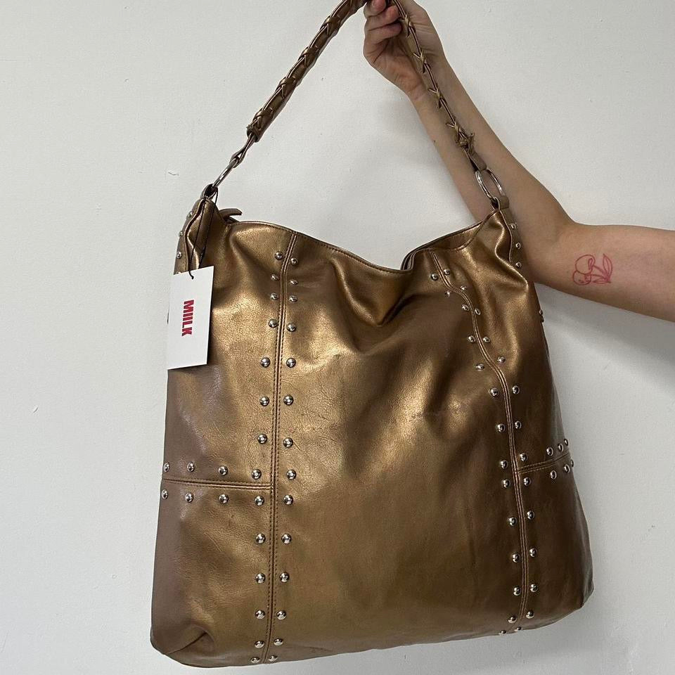 gold studded faux leather tote bag