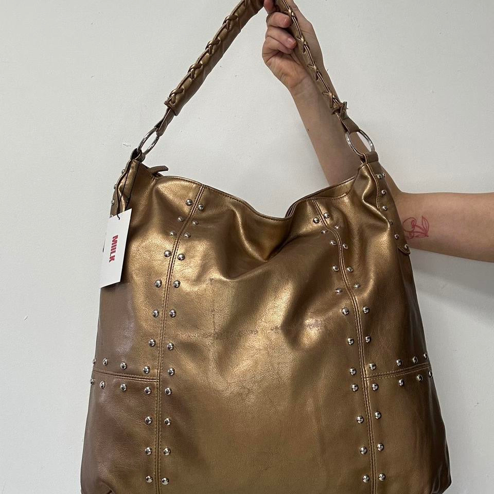 gold studded faux leather tote bag