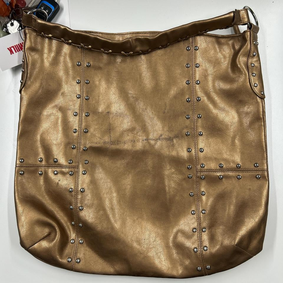 gold studded faux leather tote bag