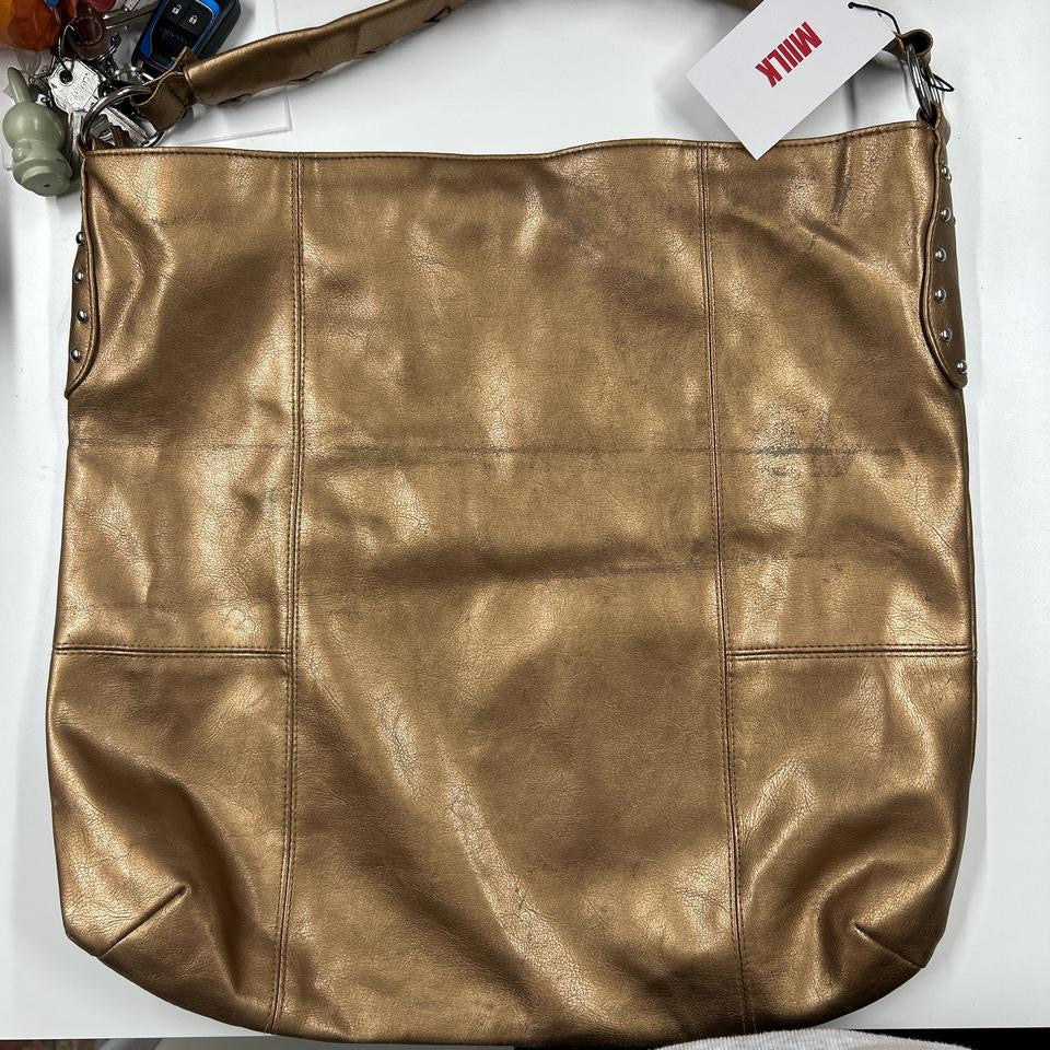 gold studded faux leather tote bag