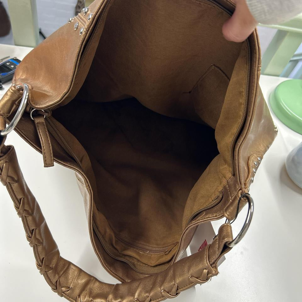 gold studded faux leather tote bag