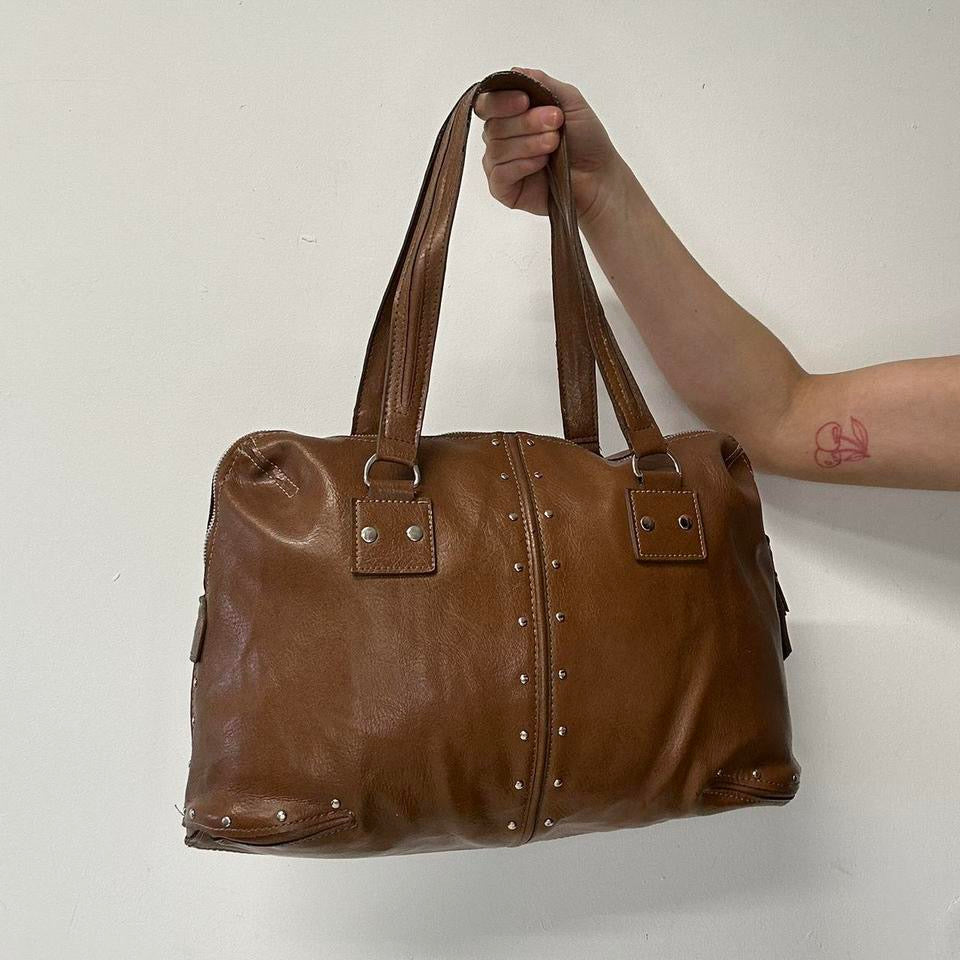 brown faux leather studded shoulder bag