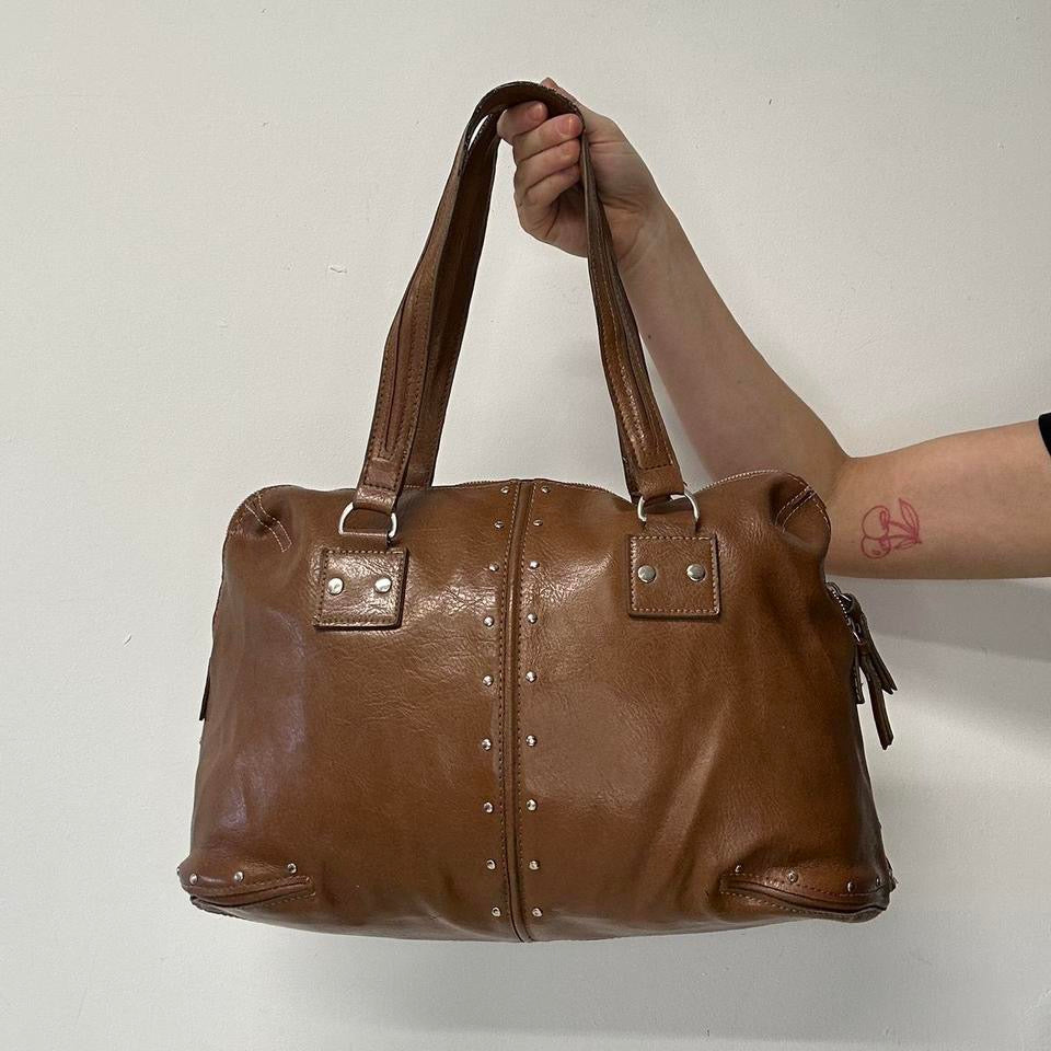 brown faux leather studded shoulder bag