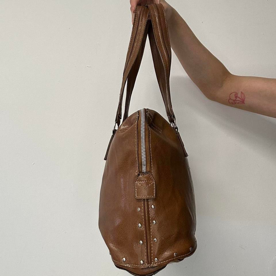 brown faux leather studded shoulder bag