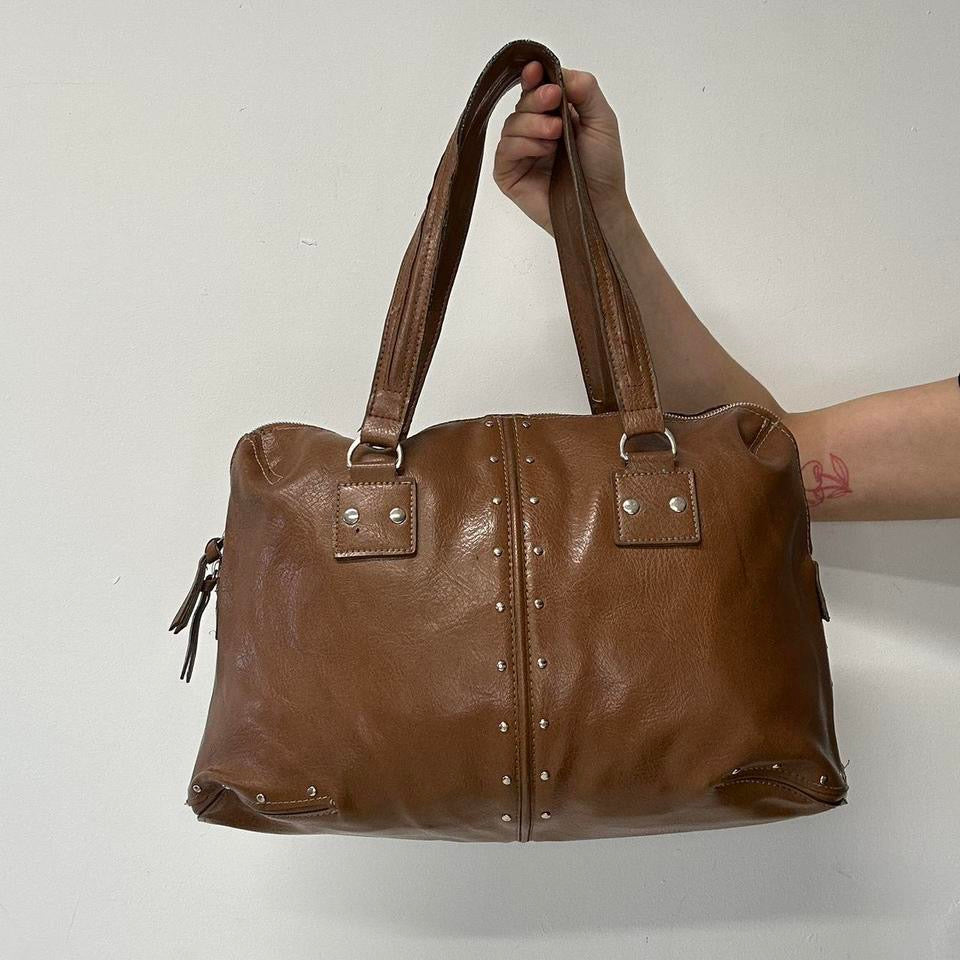 brown faux leather studded shoulder bag