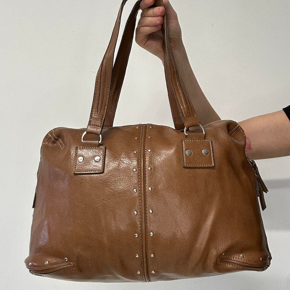 brown faux leather studded shoulder bag