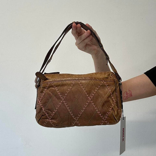 brown leather pink stitching shoulder bag
