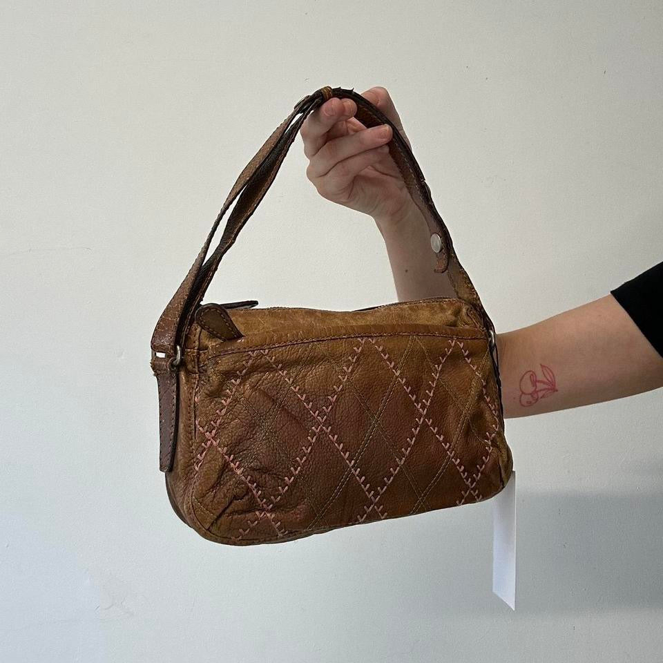 brown leather pink stitching shoulder bag