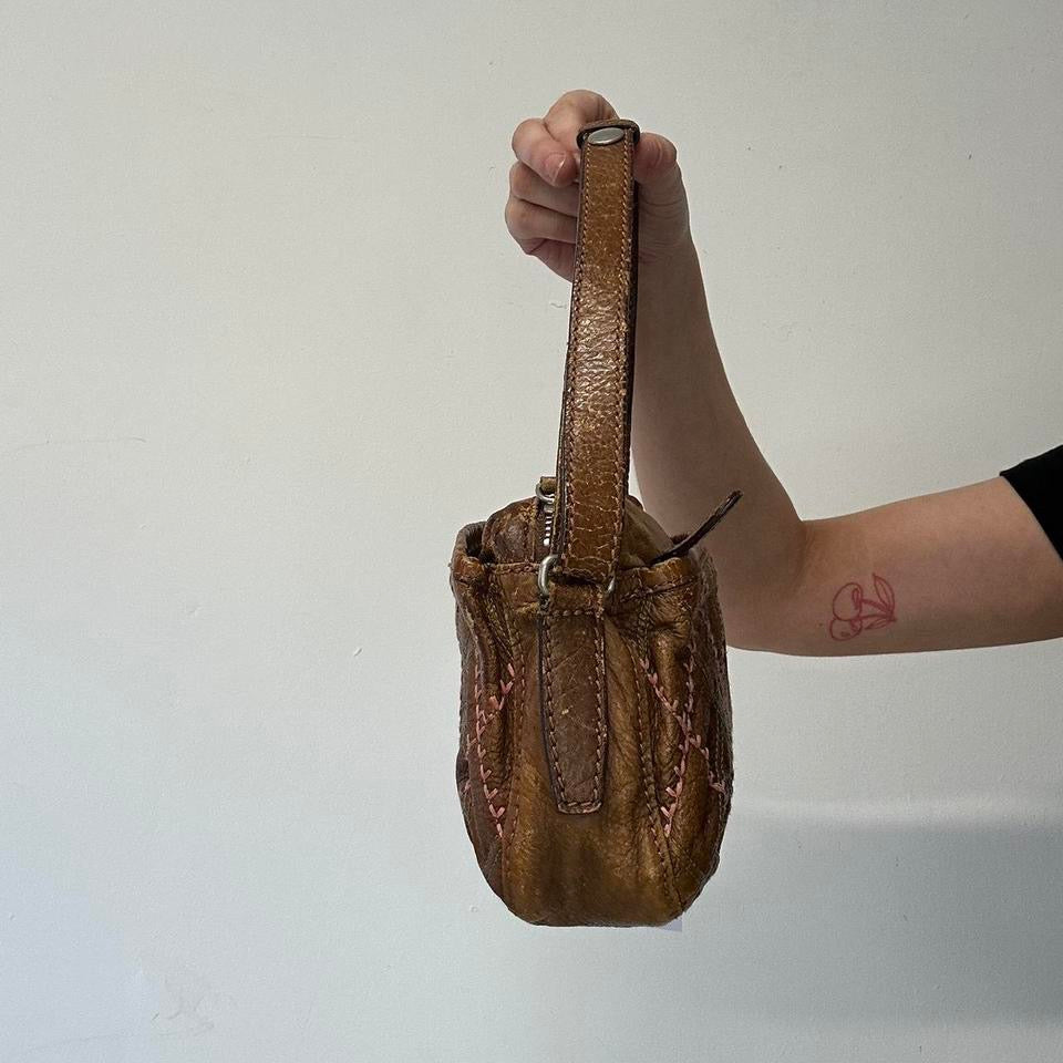 brown leather pink stitching shoulder bag