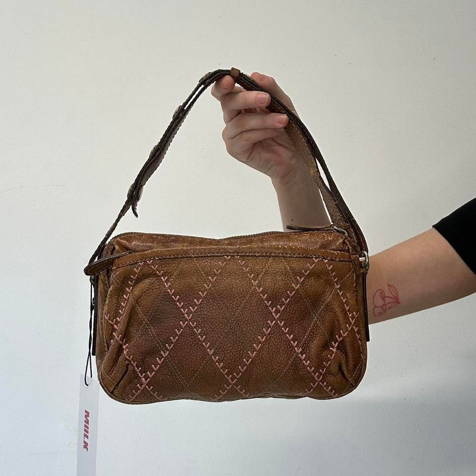 brown leather pink stitching shoulder bag