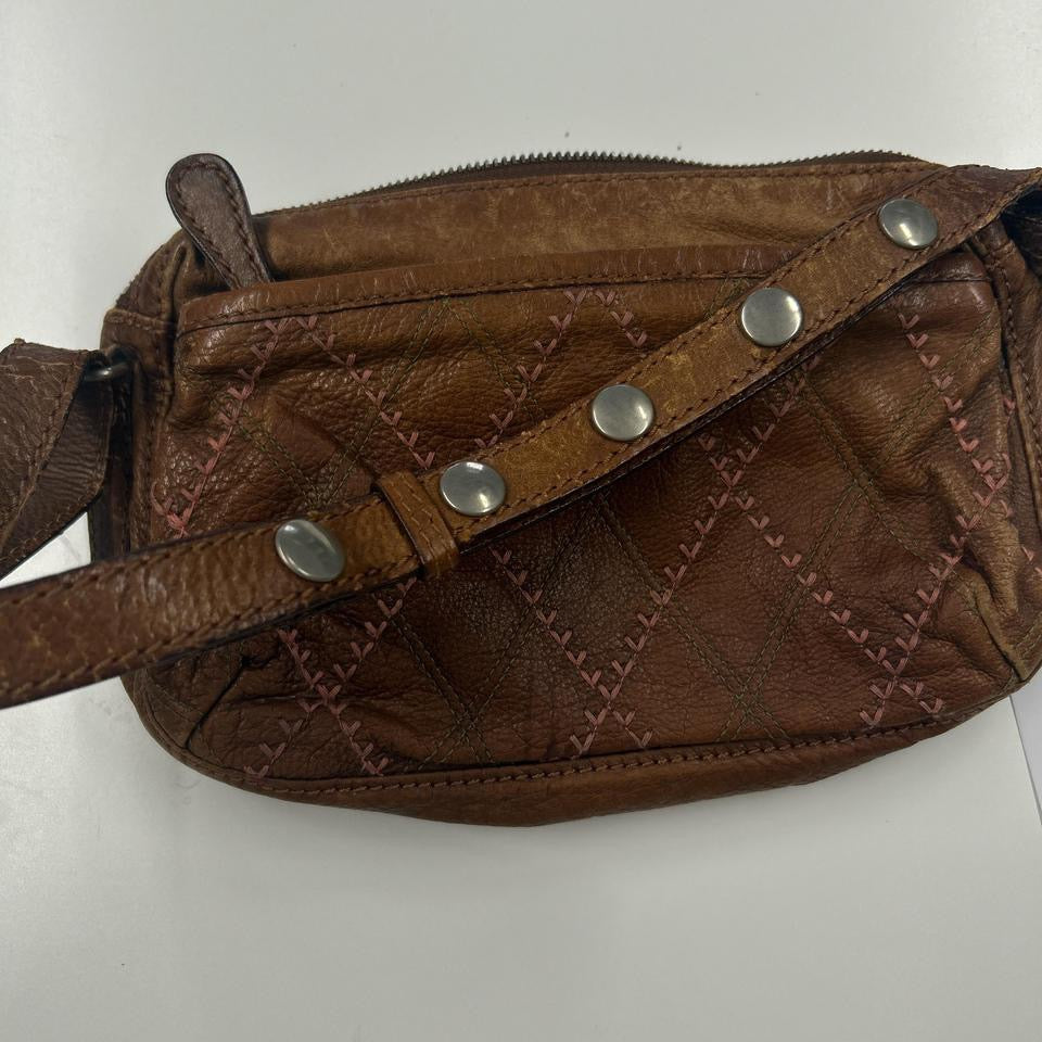 brown leather pink stitching shoulder bag