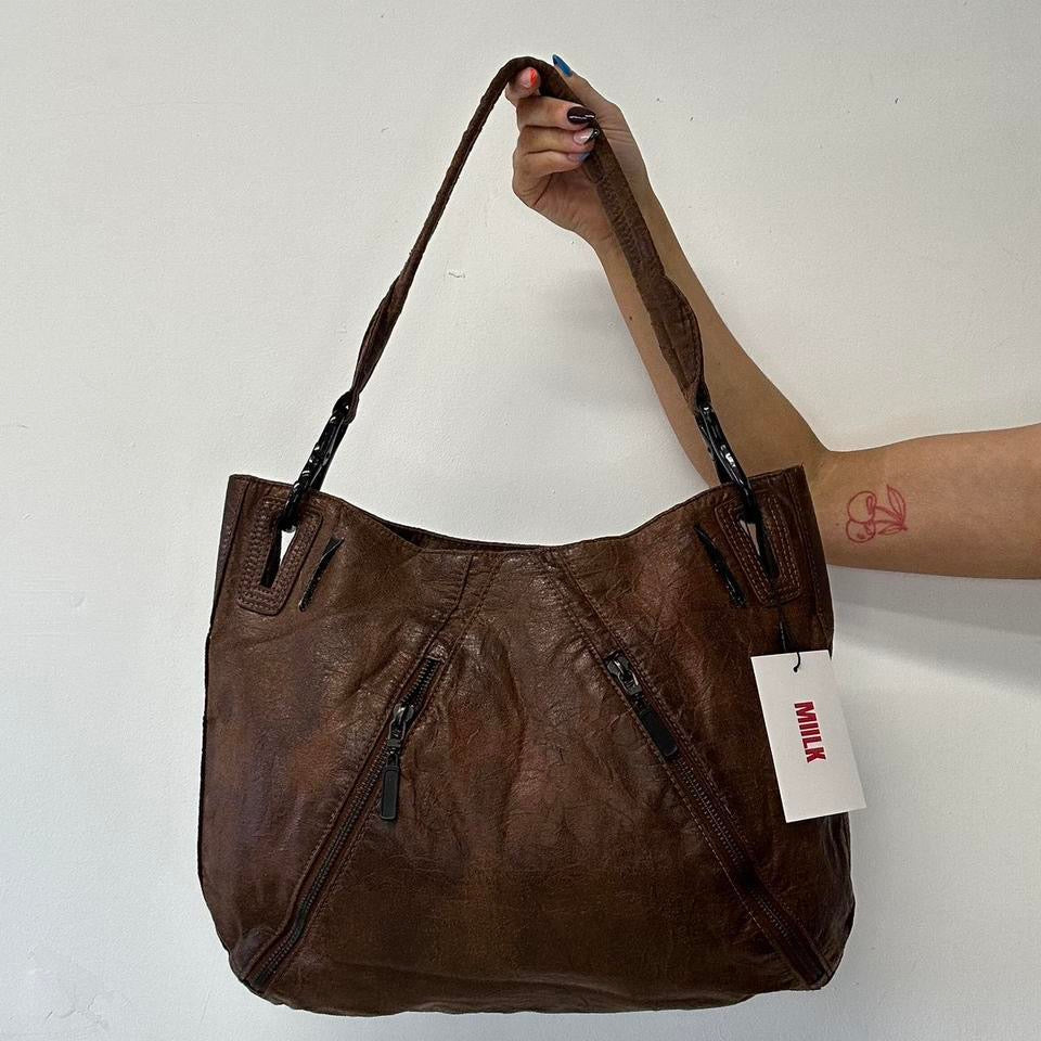 brown double zip faux leather shoulder bag