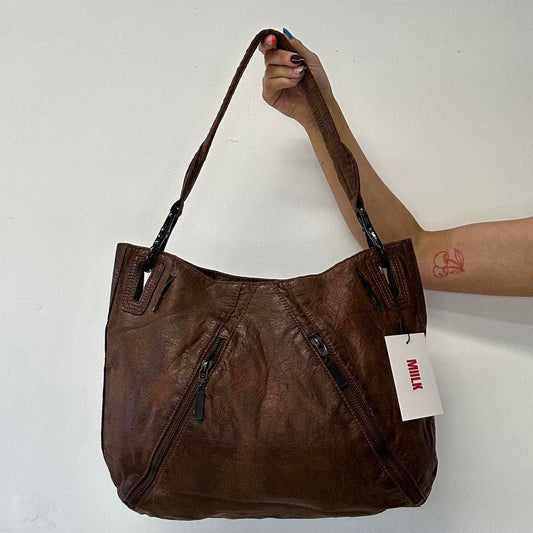 brown double zip faux leather shoulder bag
