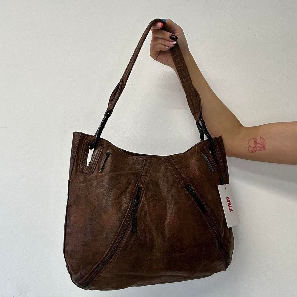 brown double zip faux leather shoulder bag