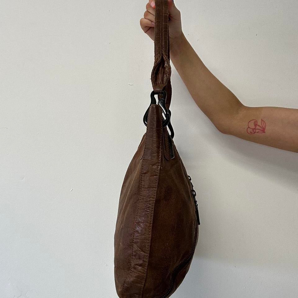 brown double zip faux leather shoulder bag