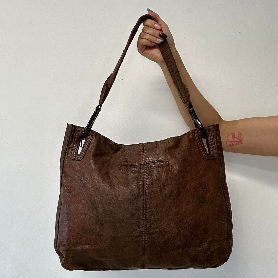 brown double zip faux leather shoulder bag