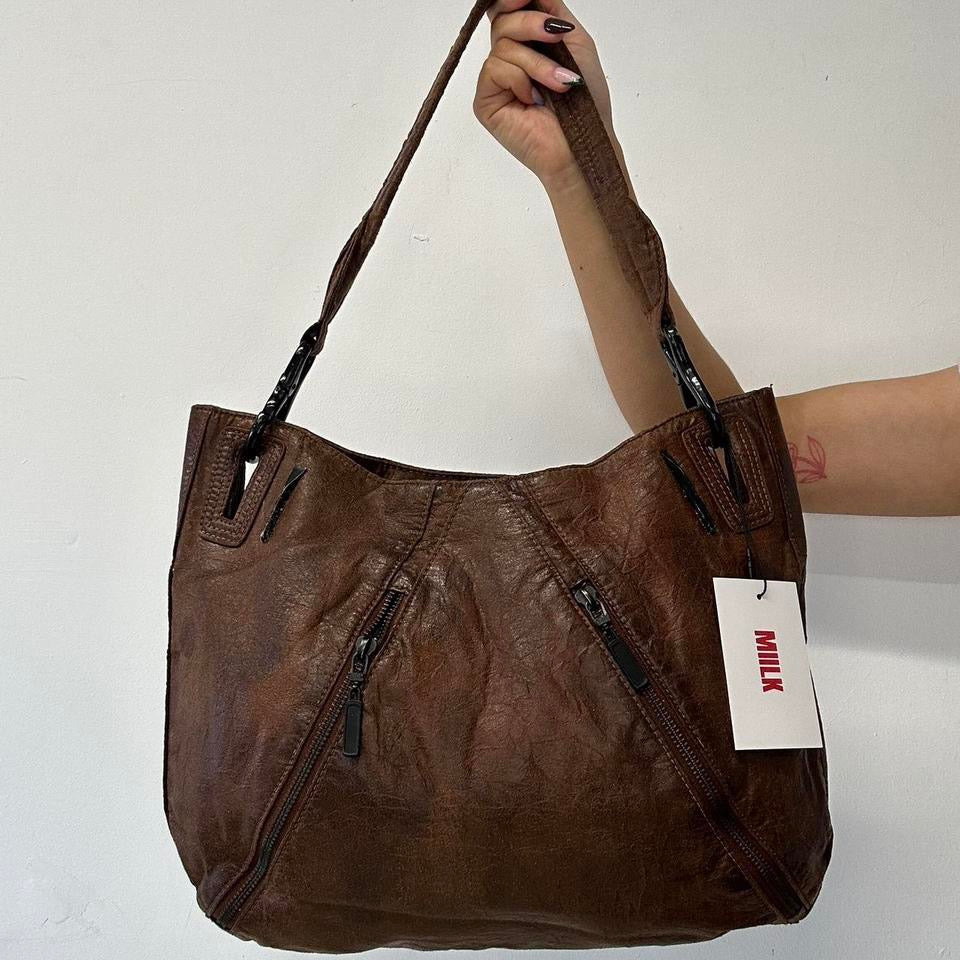 brown double zip faux leather shoulder bag