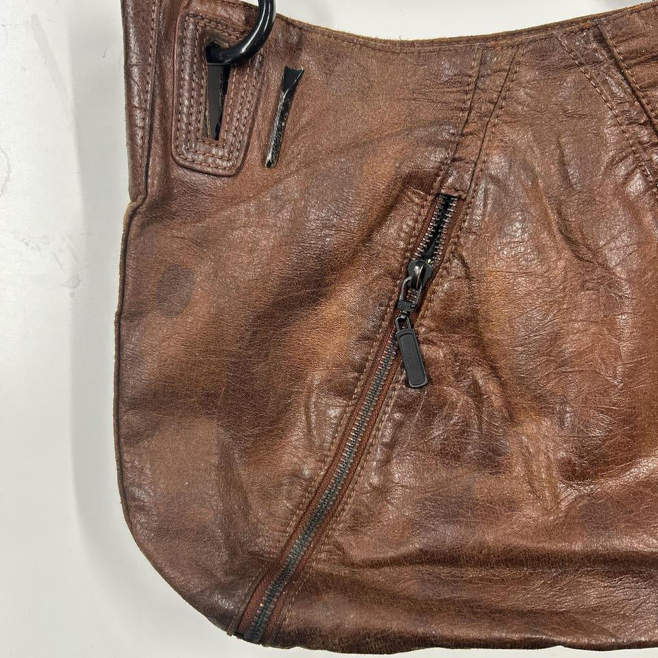 brown double zip faux leather shoulder bag