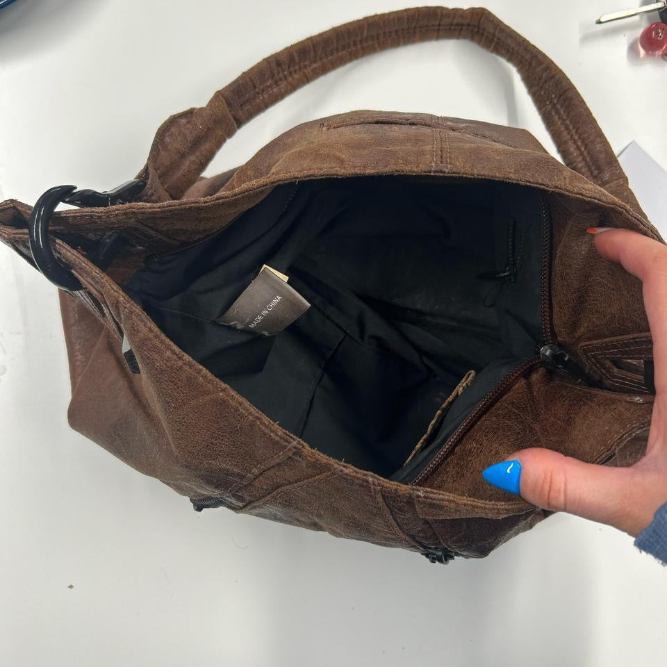 brown double zip faux leather shoulder bag