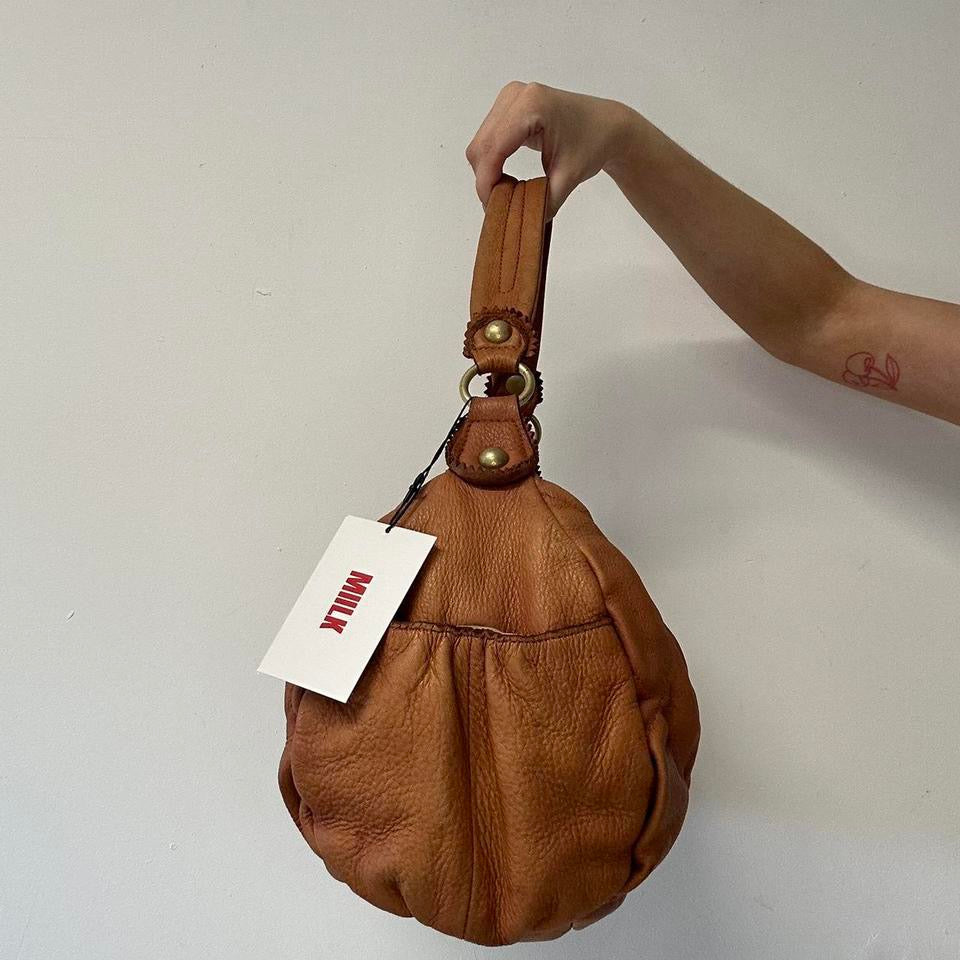 brown genuine leather relaxed slouchy shoulder bag