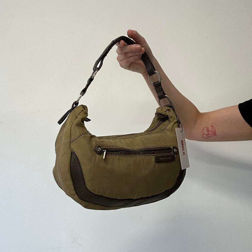 olive green and brown shoulder bag