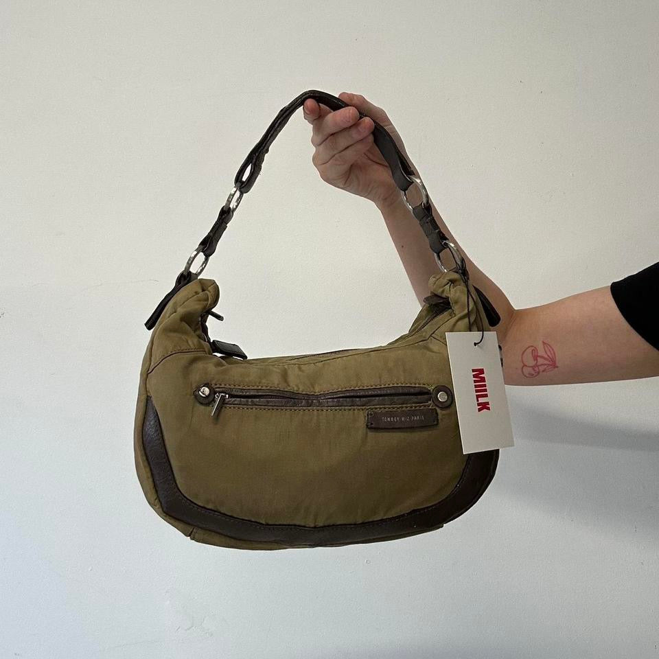 olive green and brown shoulder bag