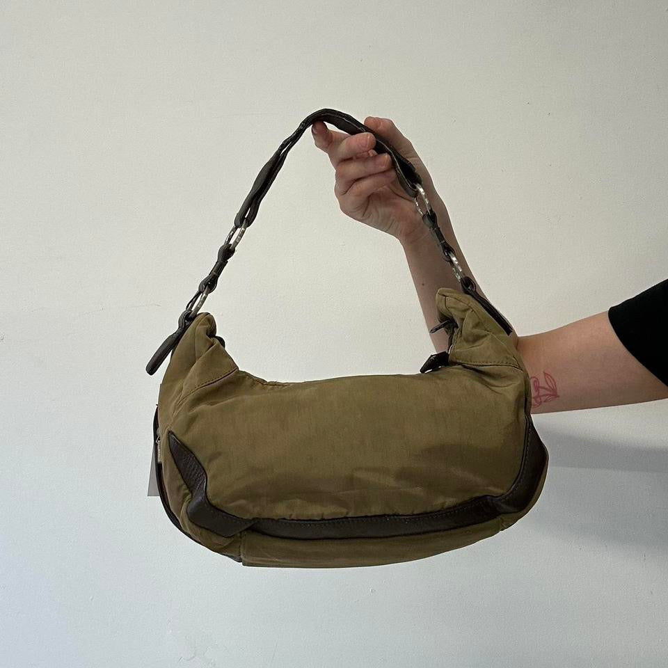 olive green and brown shoulder bag