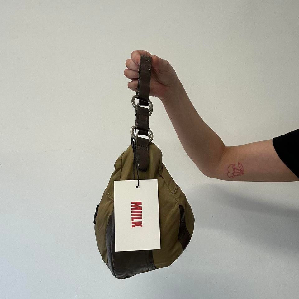 olive green and brown shoulder bag