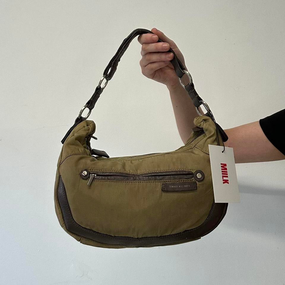 olive green and brown shoulder bag