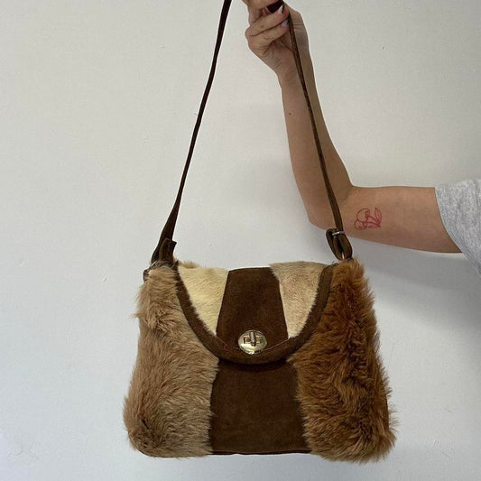 brown and tanned faux fur shoulder bag