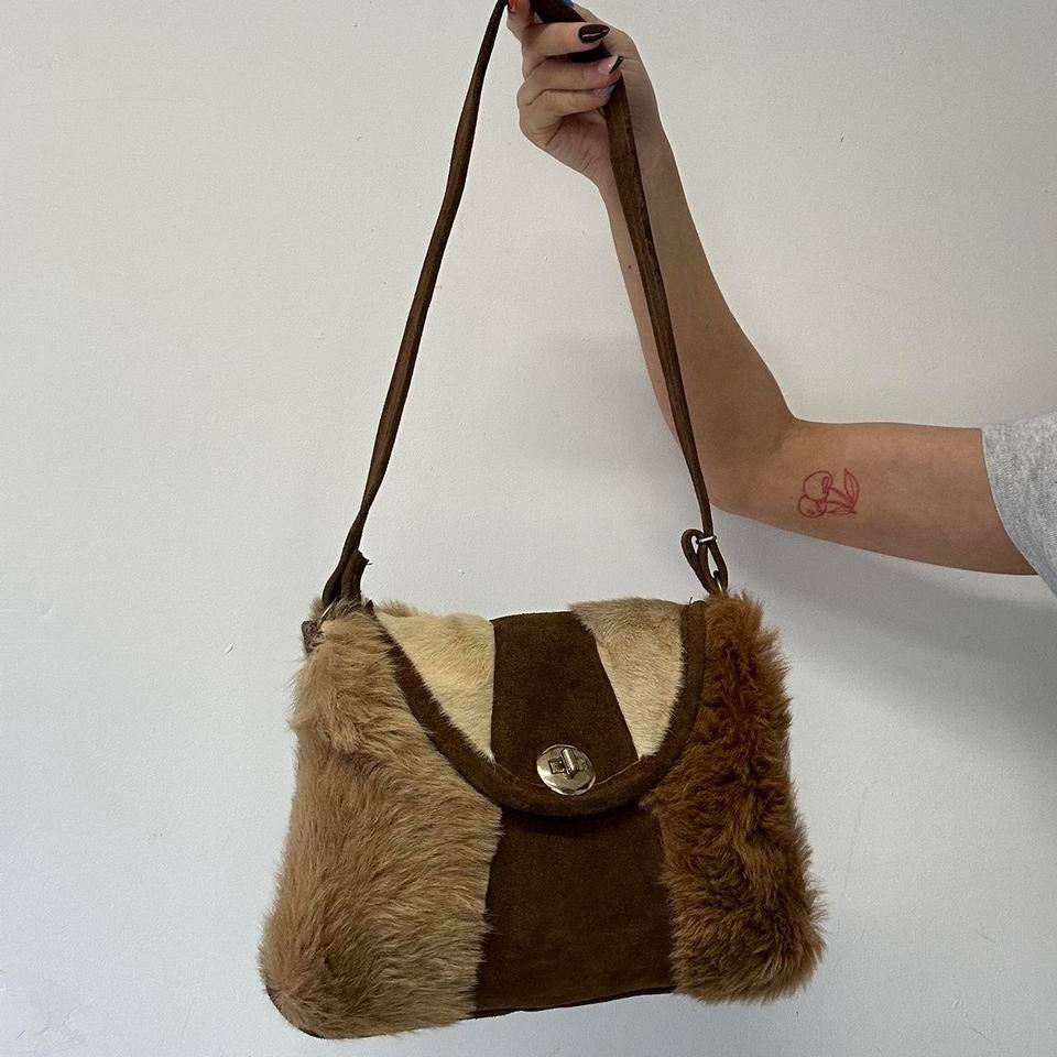 brown and tanned faux fur shoulder bag