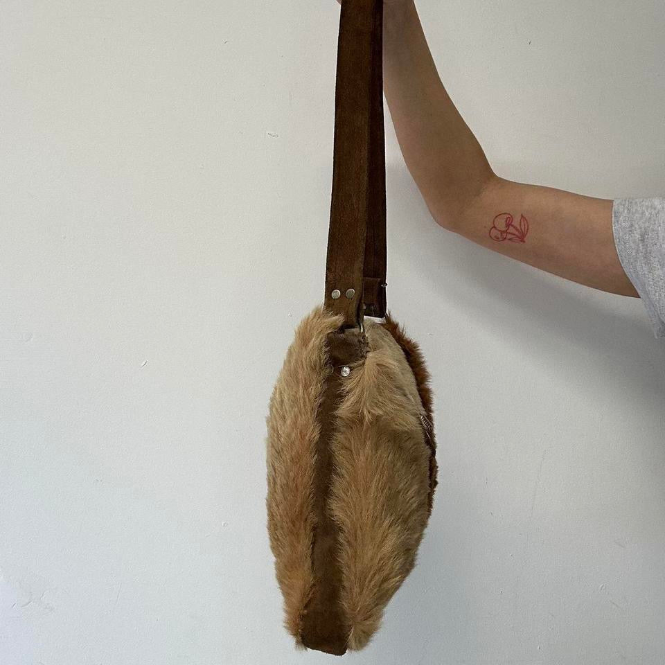 brown and tanned faux fur shoulder bag