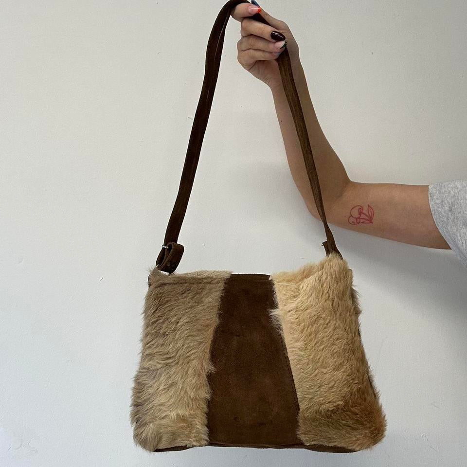 brown and tanned faux fur shoulder bag