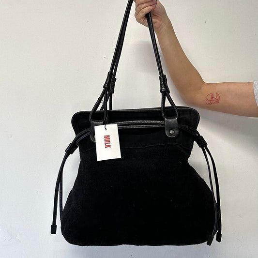 black faux leather suede feel shoulder bag