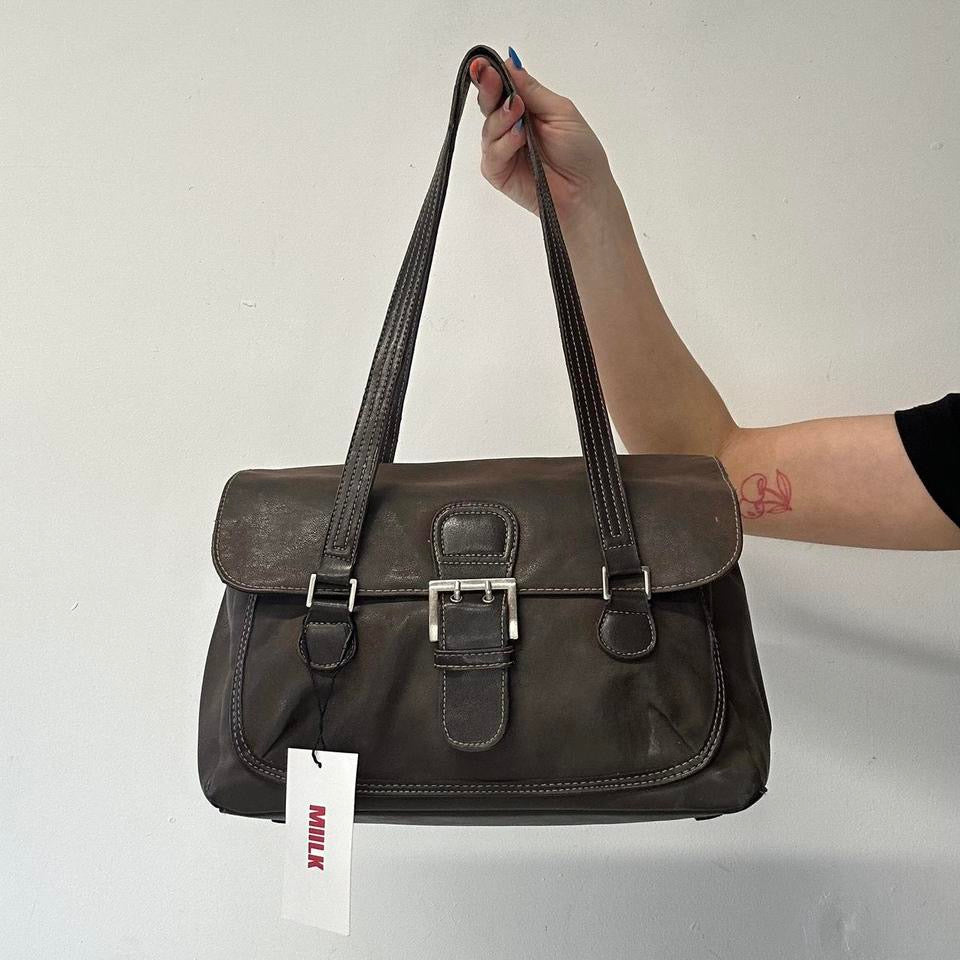 brown faux leather oversized buckle shoulder bag