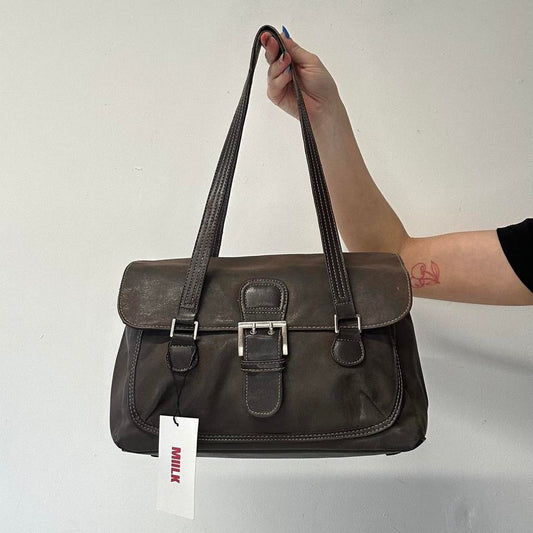 brown faux leather oversized buckle shoulder bag