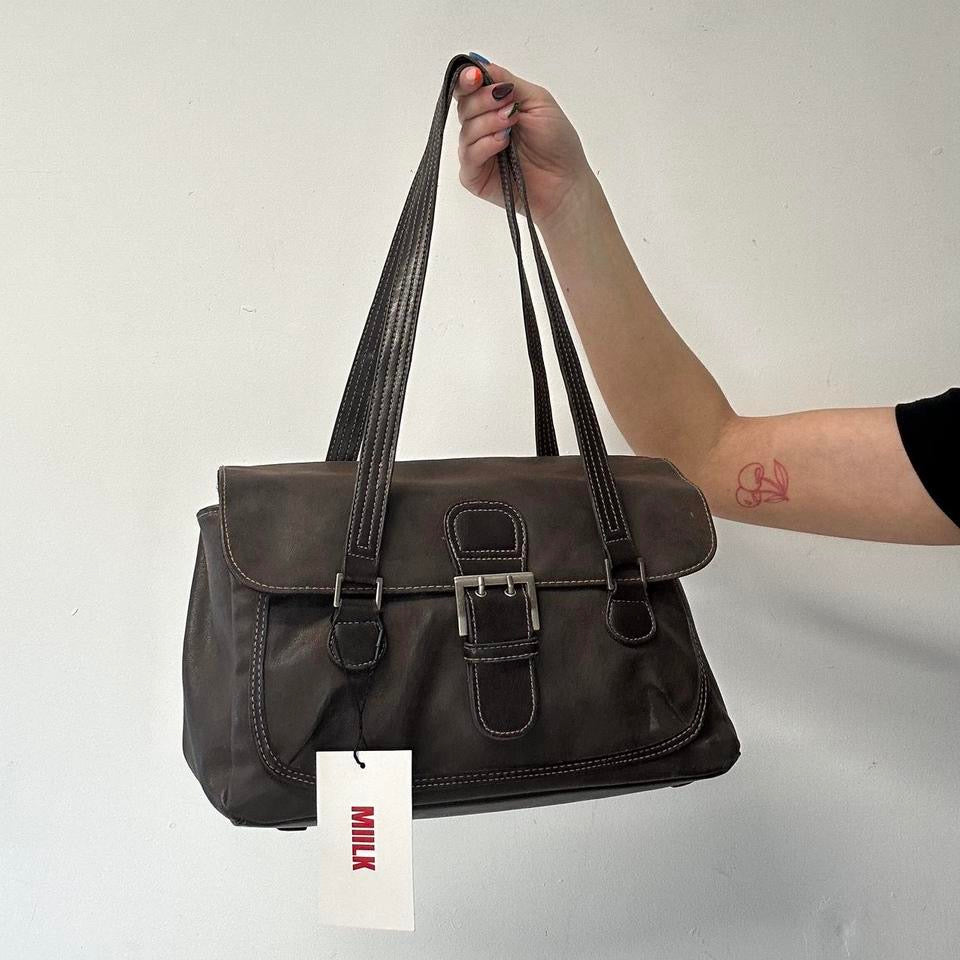 brown faux leather oversized buckle shoulder bag