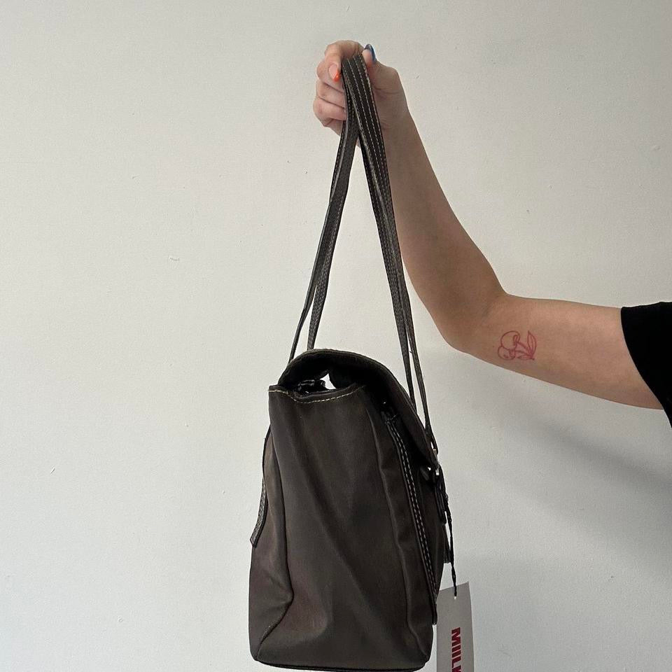 brown faux leather oversized buckle shoulder bag