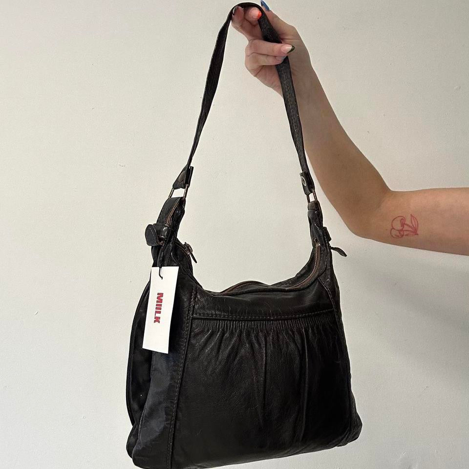 brown leather one strap shoulder bag